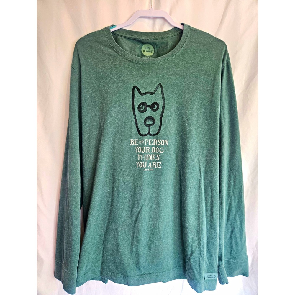 Life is Good Crusher Tee Mens XL Green Long Sleeve Crew Neck Dog Graphic Tee